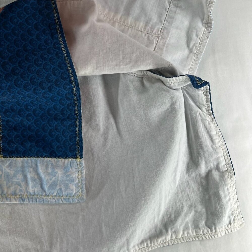 Handmade Upcycled Patchwork Vest Womens Angel Dove Peace Print Crop Top Blue Red - Picture 7 of 10